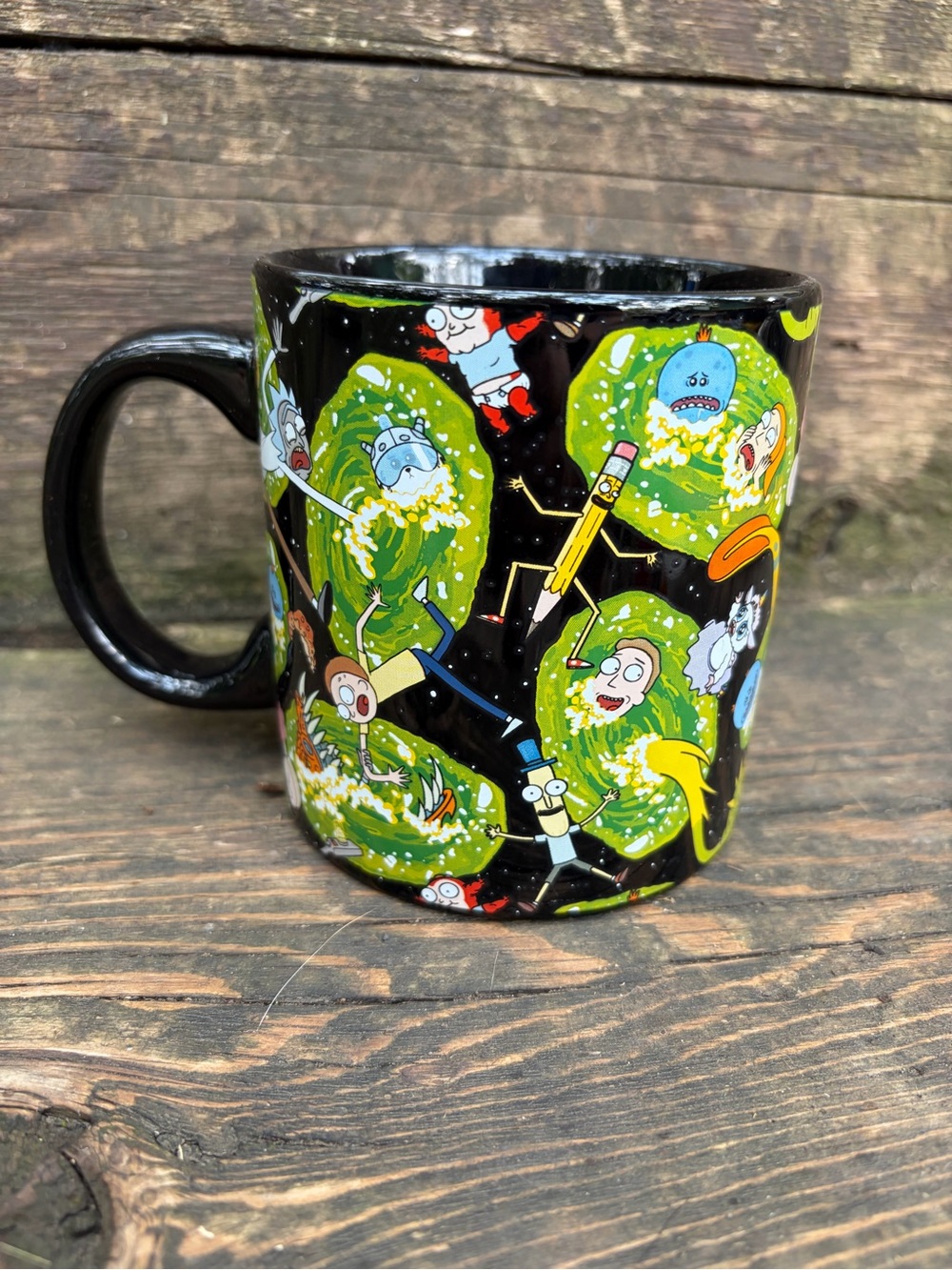 Rick and Morty 20 oz Black Ceramic Mug with Green Portal Design